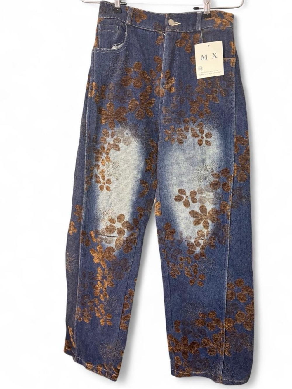 Floral-Print Blue Wide-Leg Jeans for Women